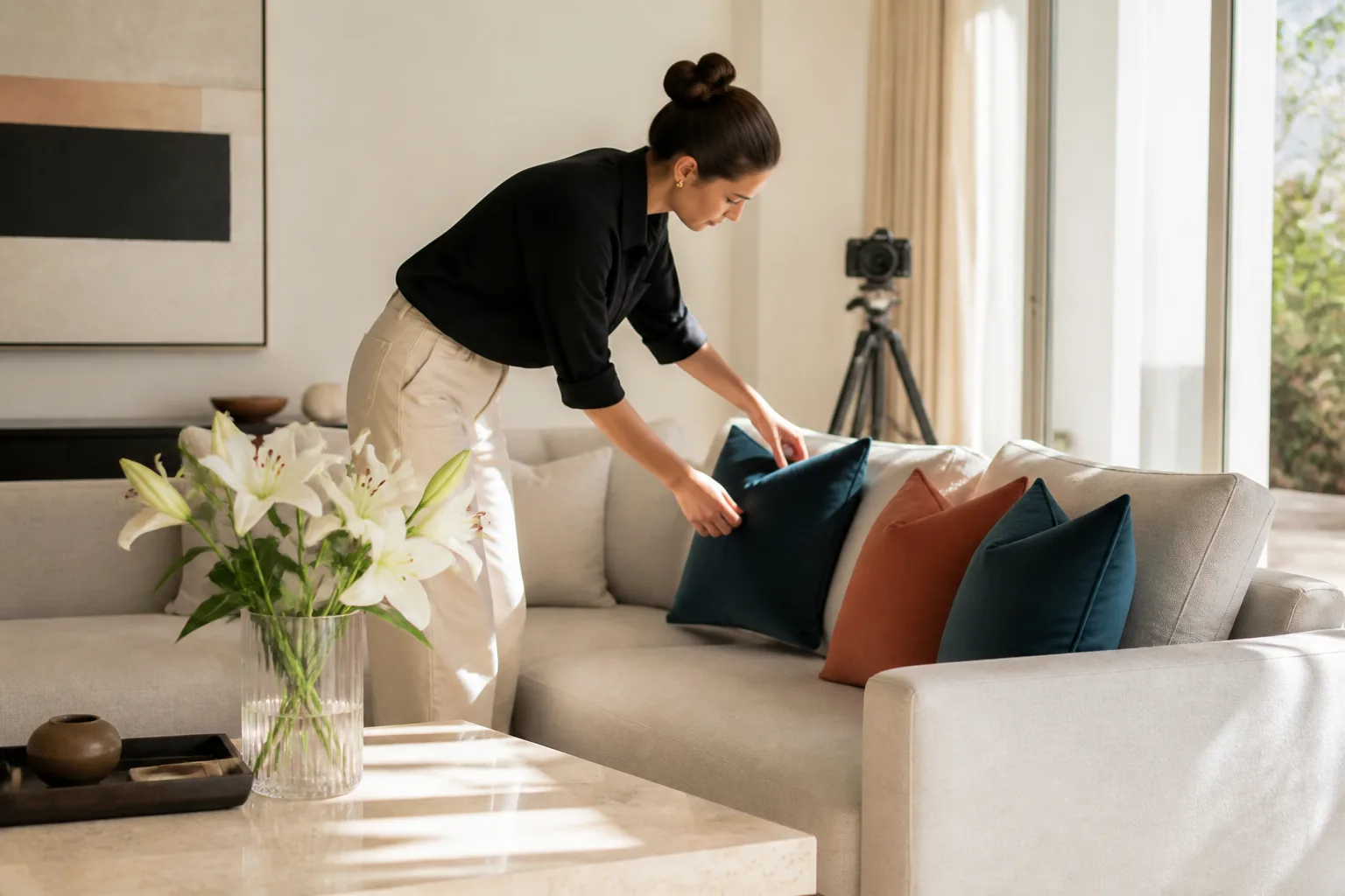 Hospitality stylist preparing a property listing