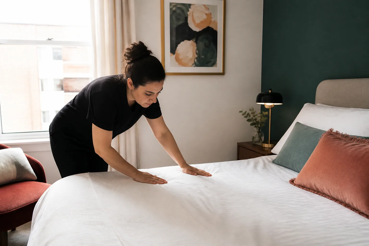 Professional cleaner preparing a guest room