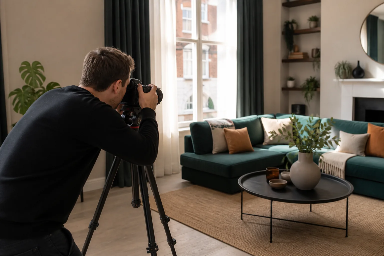Professional photographer capturing a prepared apartment